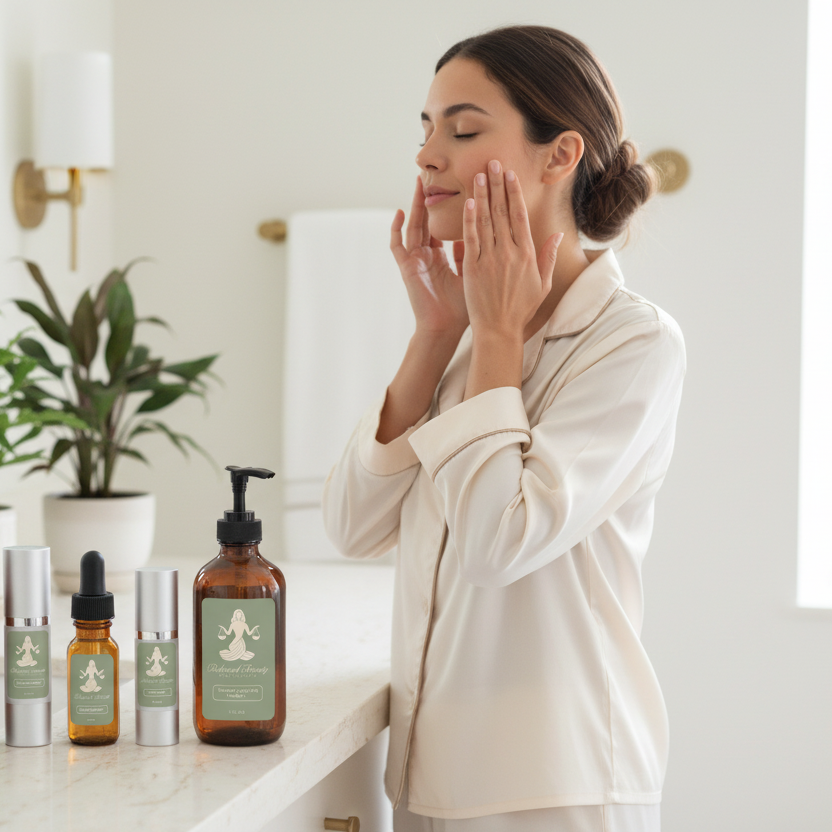 Woman applying skincare product in a bathroom with various bottles on the counter.